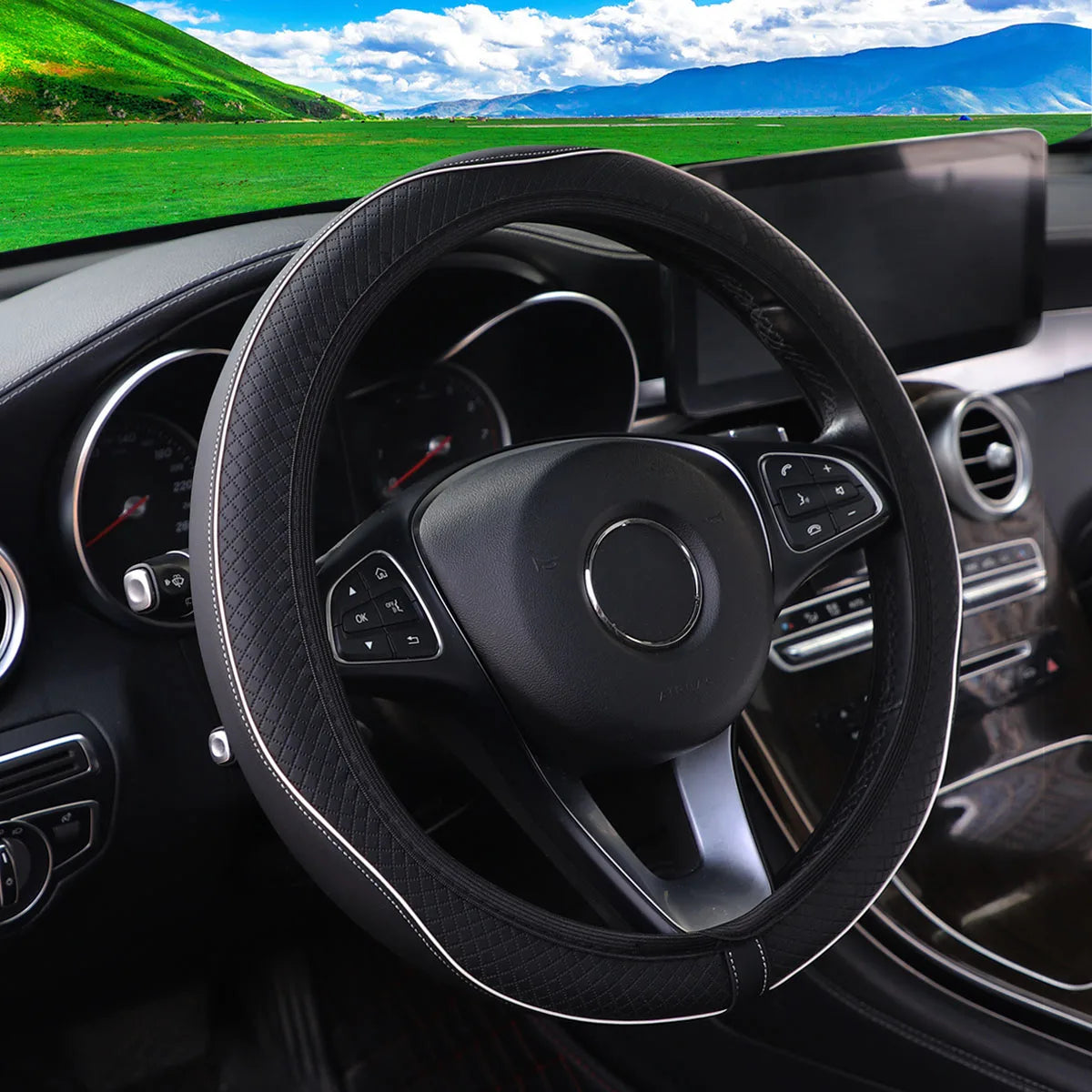 Diamond Pattern Leather Steering Wheel Cover