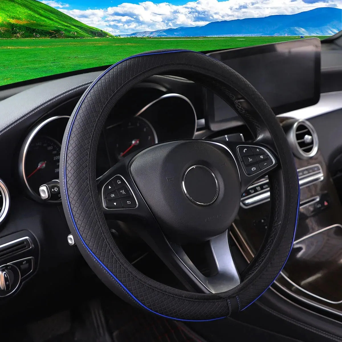 Diamond Pattern Leather Steering Wheel Cover